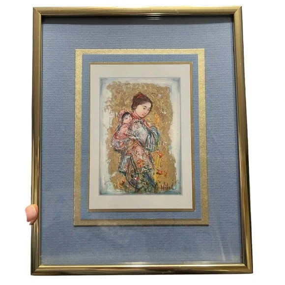Vintage Japanese Woman Carrying Baby Print by Edna Hibel 8 x 12 Matt Frame Rare